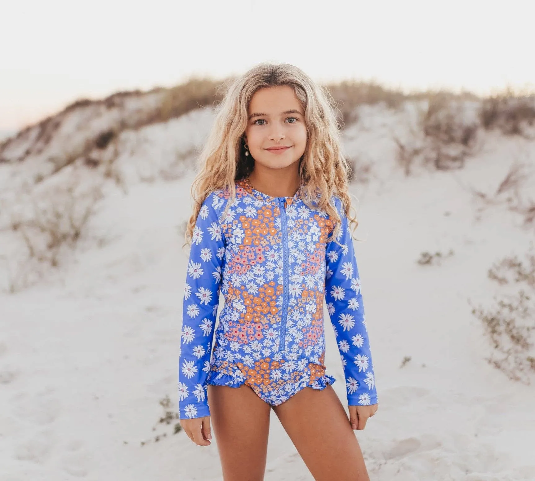 Kids Periwinkle Daisy Zip Rash Guard One Piece Swimsuit