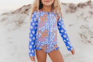 Kids Periwinkle Daisy Zip Rash Guard One Piece Swimsuit