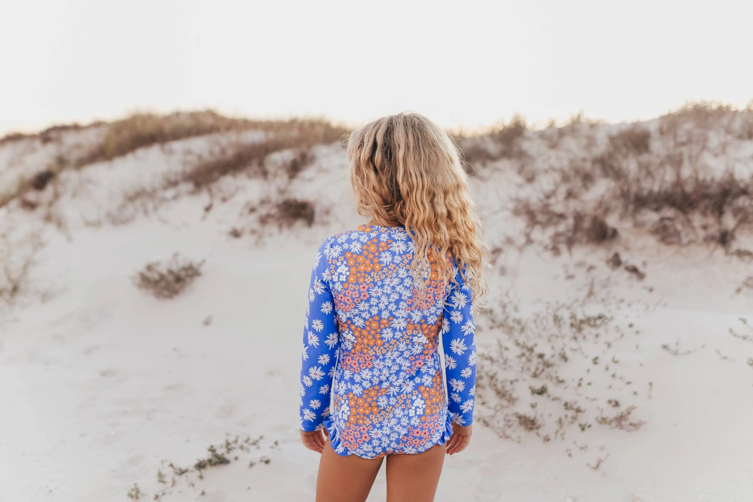 Kids Periwinkle Daisy Zip Rash Guard One Piece Swimsuit