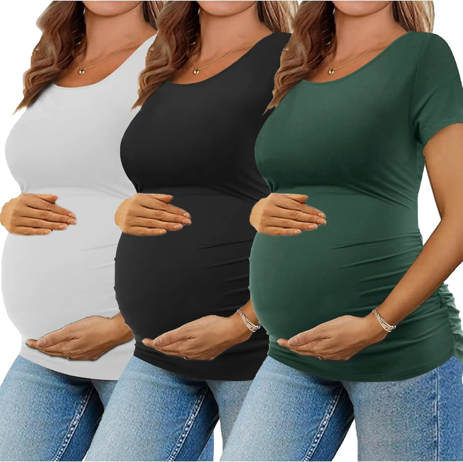 KIM S Maternity Shirts, 3 Packs Maternity Shirt Side Ruched Maternity Tops Casual Pregnancy Maternity-Clothes