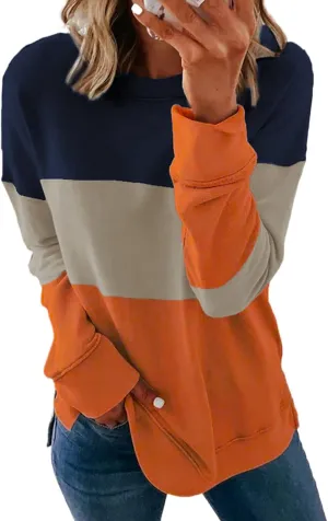 KINGFEN Womens Fall Fashion Clothes 2024 Oversized Crewneck Sweatshirt Long Sleeve Casual Shirts Plain Color Block Lightweight Pullover Sweatshirts No Hood Comfy Tops Outfits Sweaters Orange X-Large