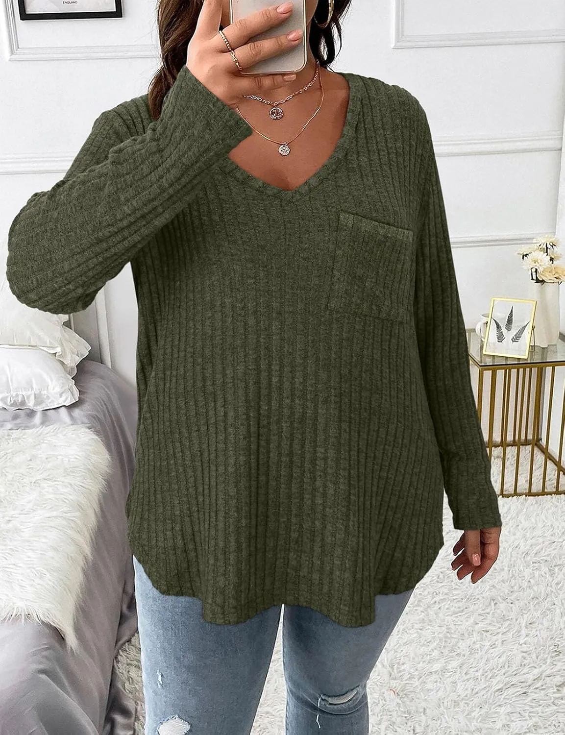 Koscacy Women Plus Size Casual Knit Sweater with Pocket V Neck Solid Color Tops Lightweight Long Sleeve Blouses