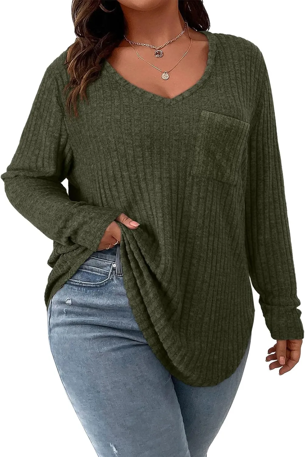 Koscacy Women Plus Size Casual Knit Sweater with Pocket V Neck Solid Color Tops Lightweight Long Sleeve Blouses
