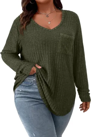 Koscacy Women Plus Size Casual Knit Sweater with Pocket V Neck Solid Color Tops Lightweight Long Sleeve Blouses