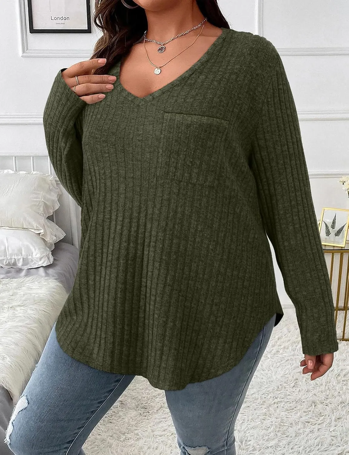 Koscacy Women Plus Size Casual Knit Sweater with Pocket V Neck Solid Color Tops Lightweight Long Sleeve Blouses