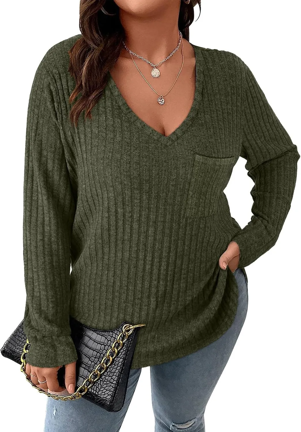 Koscacy Women Plus Size Casual Knit Sweater with Pocket V Neck Solid Color Tops Lightweight Long Sleeve Blouses