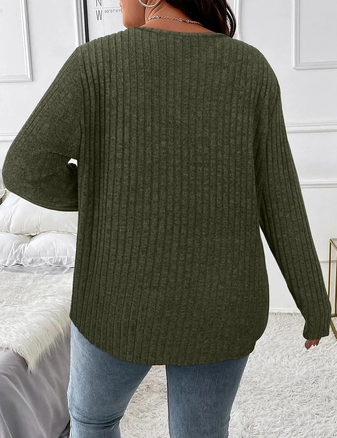 Koscacy Women Plus Size Casual Knit Sweater with Pocket V Neck Solid Color Tops Lightweight Long Sleeve Blouses