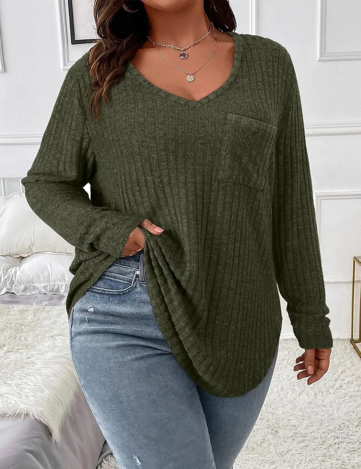 Koscacy Women Plus Size Casual Knit Sweater with Pocket V Neck Solid Color Tops Lightweight Long Sleeve Blouses