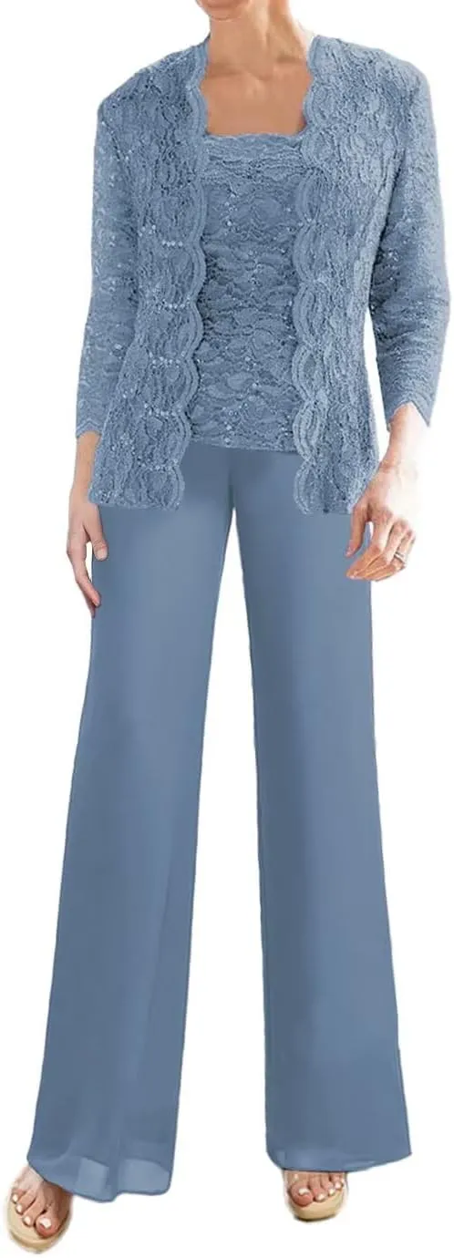 Laces Mother of The Bride Pant Suits Sequins 3 Pieces Wedding Guest Dresses Formal Evening Party Gowns with Jackets