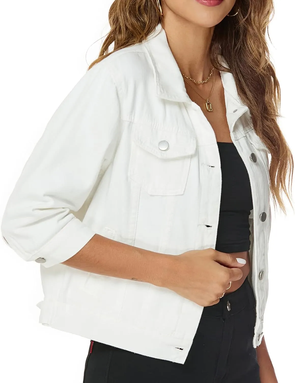 Ladyful Women's Lapel Denim Jacket 3/4 Sleeve Button Down Trucker Moto Jean Coat Outerwear