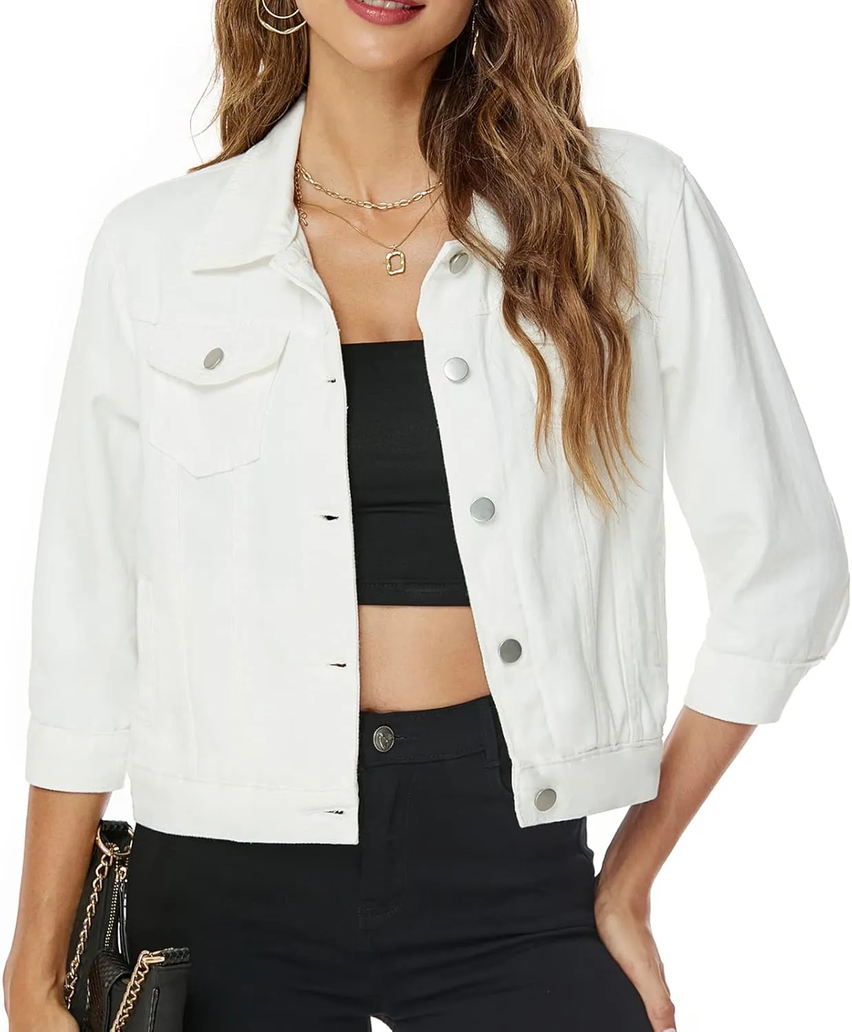 Ladyful Women's Lapel Denim Jacket 3/4 Sleeve Button Down Trucker Moto Jean Coat Outerwear