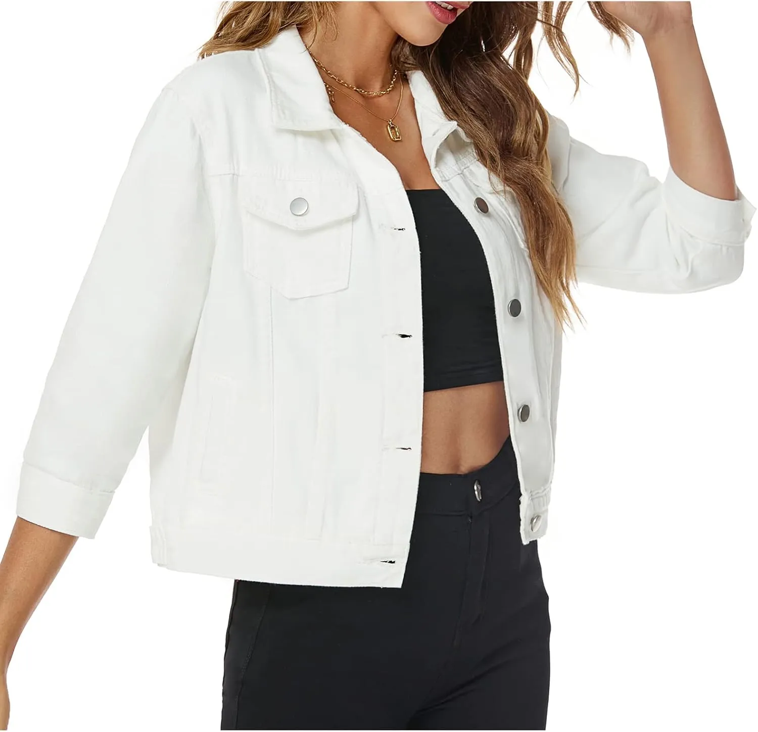 Ladyful Women's Lapel Denim Jacket 3/4 Sleeve Button Down Trucker Moto Jean Coat Outerwear