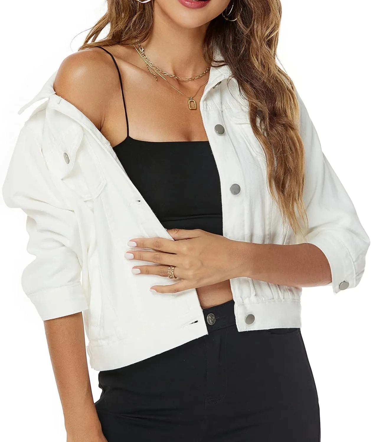 Ladyful Women's Lapel Denim Jacket 3/4 Sleeve Button Down Trucker Moto Jean Coat Outerwear