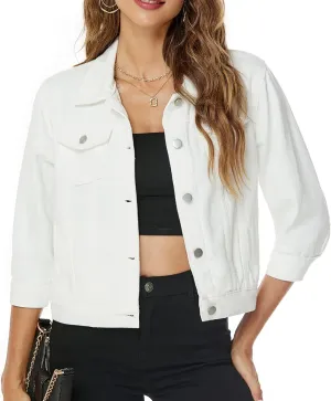 Ladyful Women's Lapel Denim Jacket 3/4 Sleeve Button Down Trucker Moto Jean Coat Outerwear