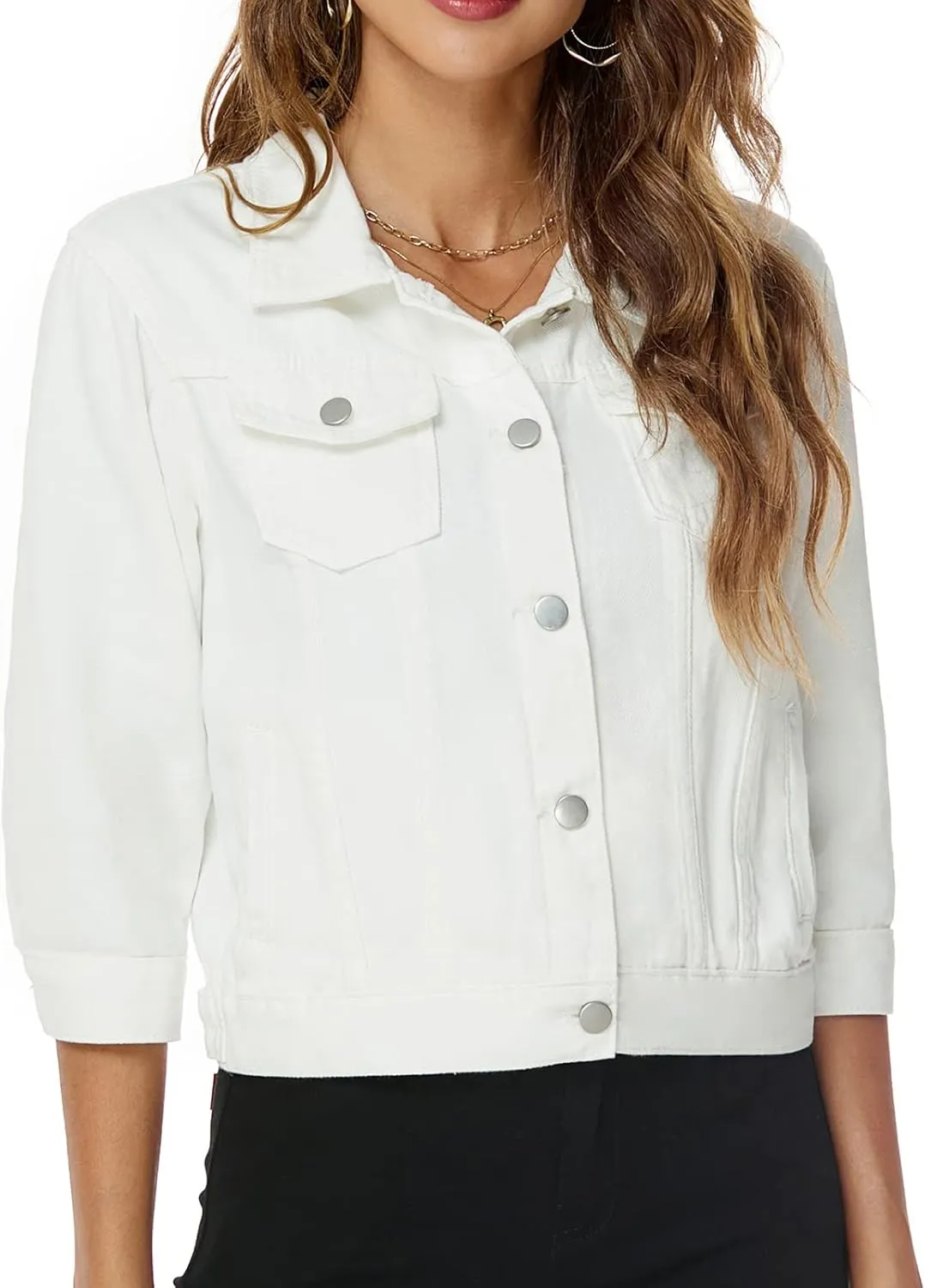 Ladyful Women's Lapel Denim Jacket 3/4 Sleeve Button Down Trucker Moto Jean Coat Outerwear