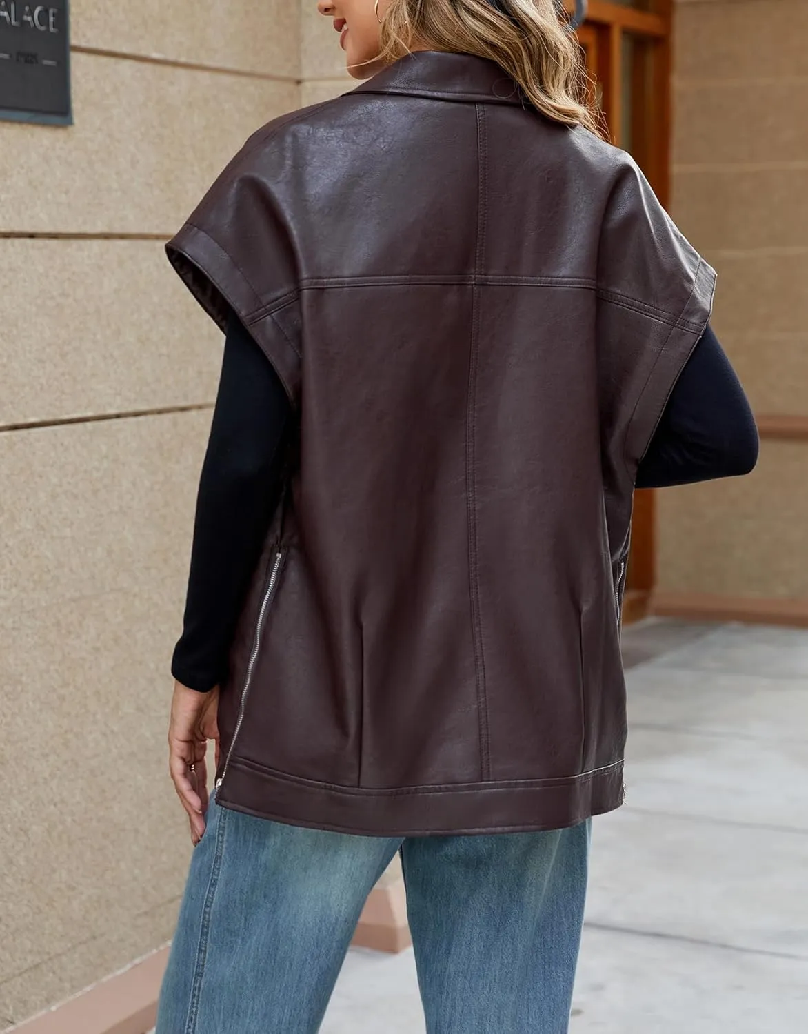 Ladyful Womens Oversized Leather Vest Sleeveless Faux Leather Jacket Motorcycle Biker Vest Coat Outerwear