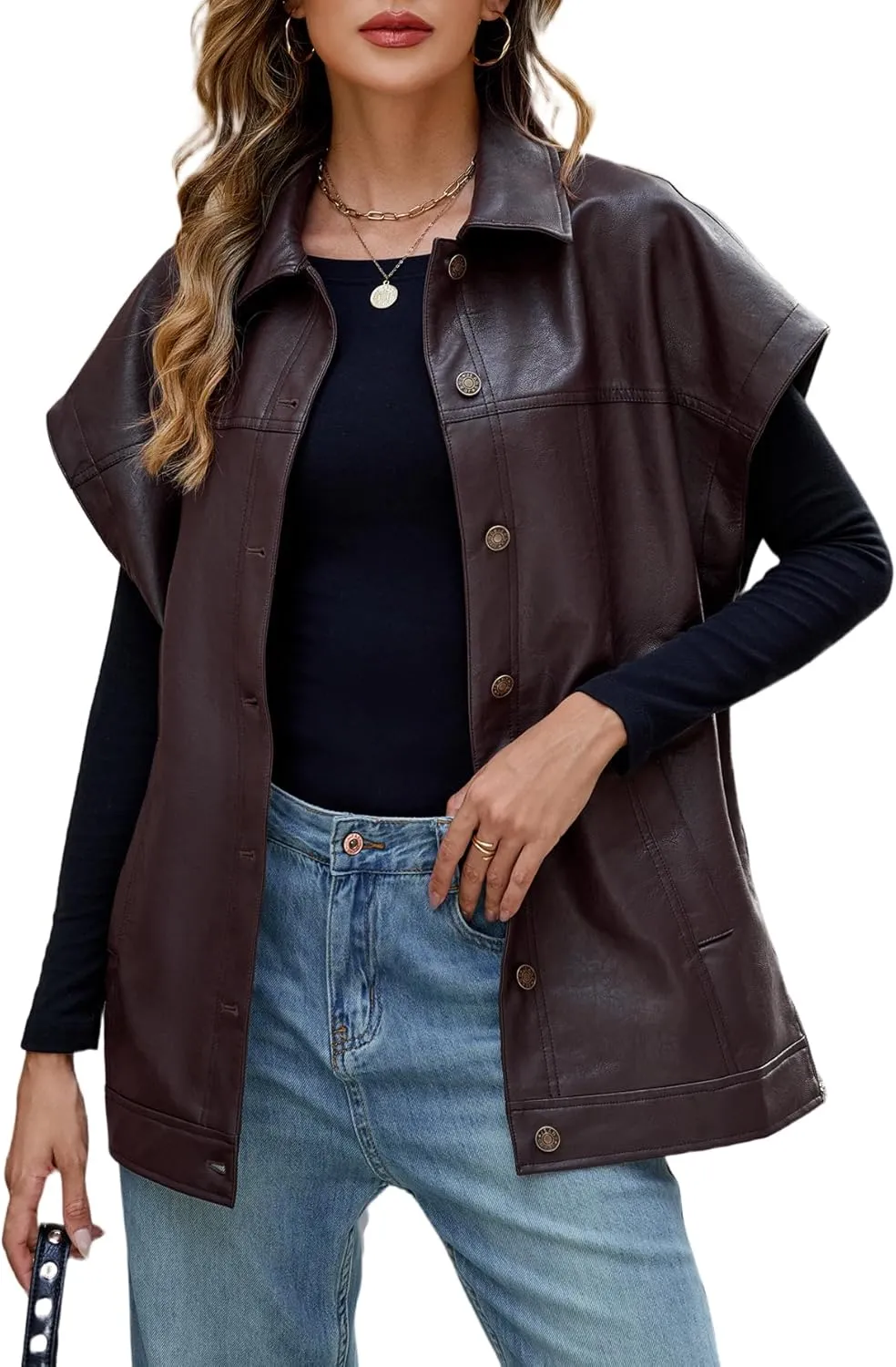 Ladyful Womens Oversized Leather Vest Sleeveless Faux Leather Jacket Motorcycle Biker Vest Coat Outerwear
