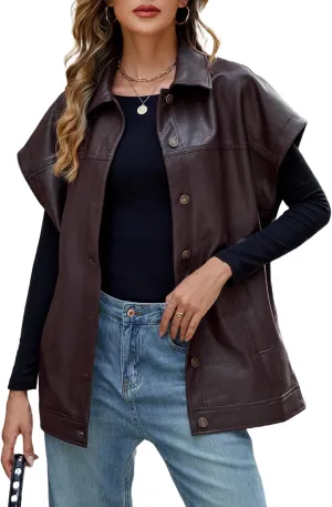 Ladyful Womens Oversized Leather Vest Sleeveless Faux Leather Jacket Motorcycle Biker Vest Coat Outerwear