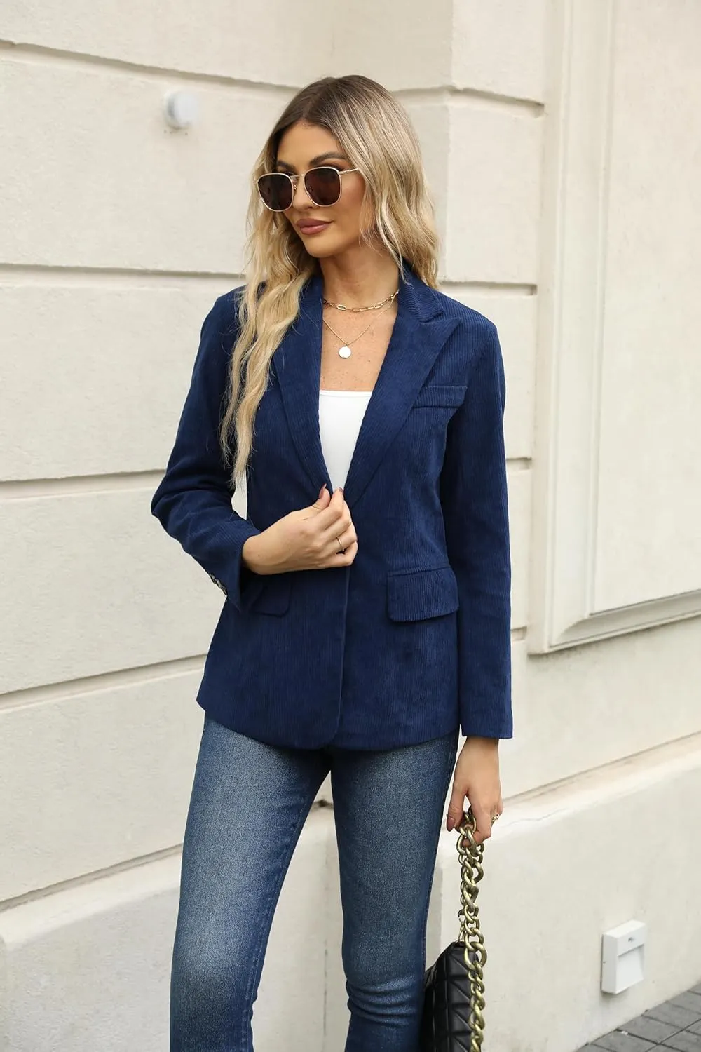 Ladyful Women's Slim Fit Corduroy Blazer Jacket Button Down Long Sleeve Work Office Coat Outerwear