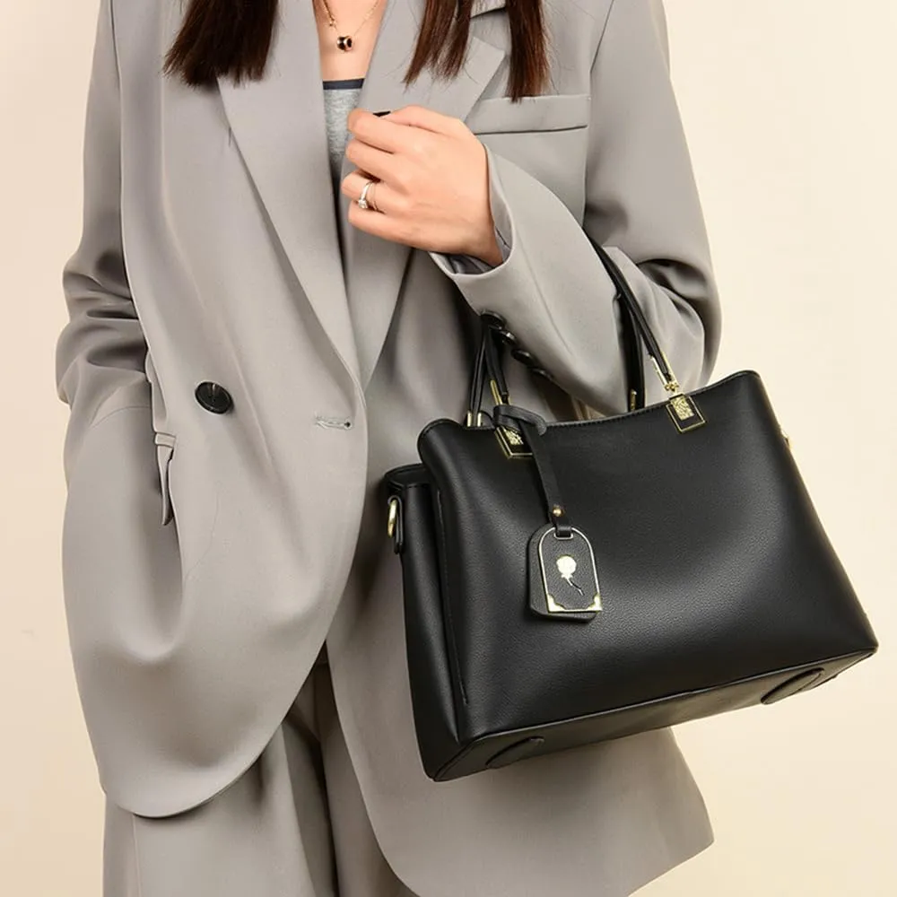 Large Leather Tote Handbag for Women - Stylish Beige Crossbody Satchel with Top Handle