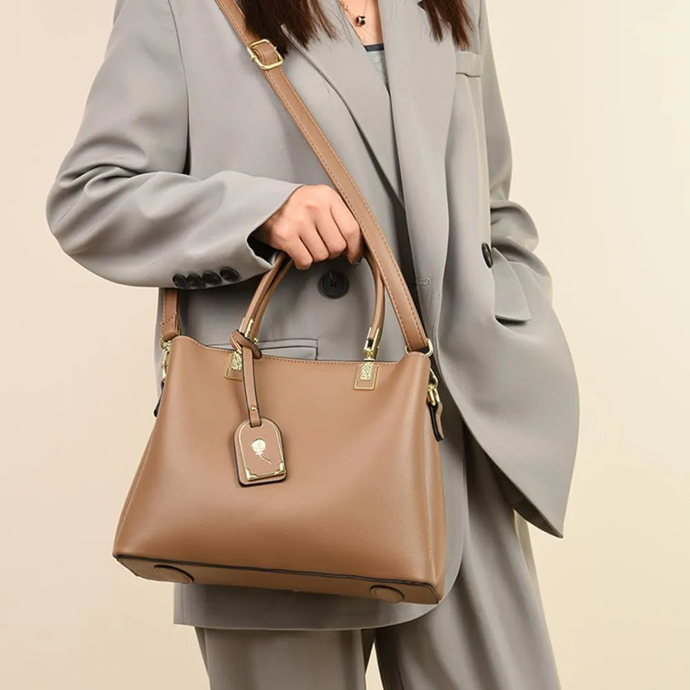 Large Leather Tote Handbag for Women - Stylish Beige Crossbody Satchel with Top Handle