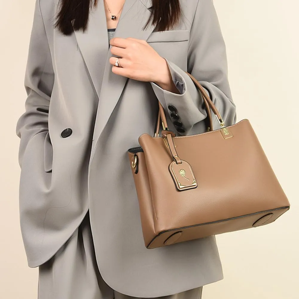 Large Leather Tote Handbag for Women - Stylish Beige Crossbody Satchel with Top Handle