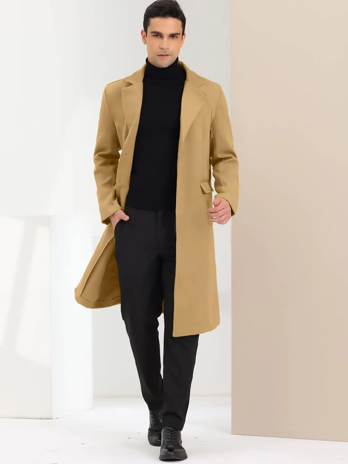 Lars Amadeus Men's Winter Overcoat Single Breasted Notched Lapel Long Trench Coat