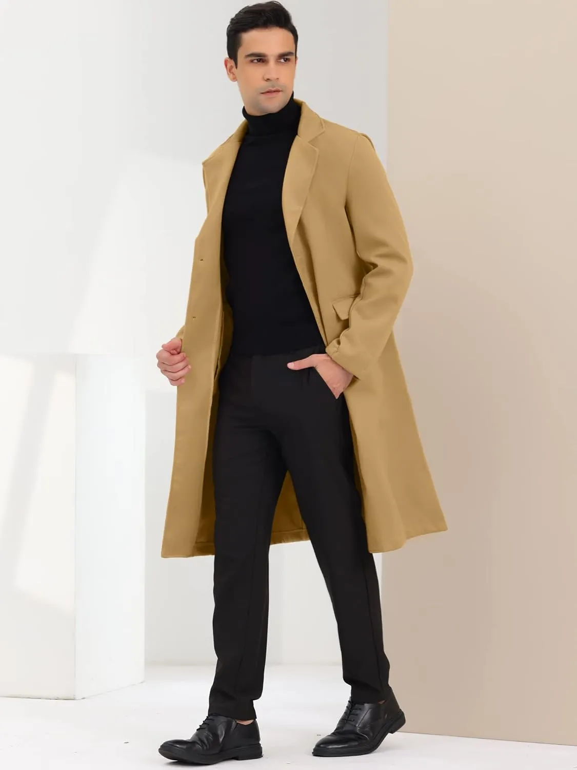 Lars Amadeus Men's Winter Overcoat Single Breasted Notched Lapel Long Trench Coat