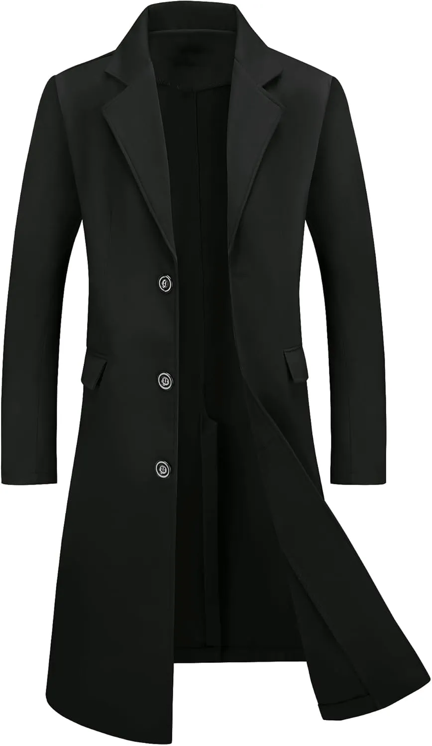 Lars Amadeus Men's Winter Overcoat Single Breasted Notched Lapel Long Trench Coat