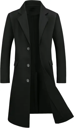 Lars Amadeus Men's Winter Overcoat Single Breasted Notched Lapel Long Trench Coat