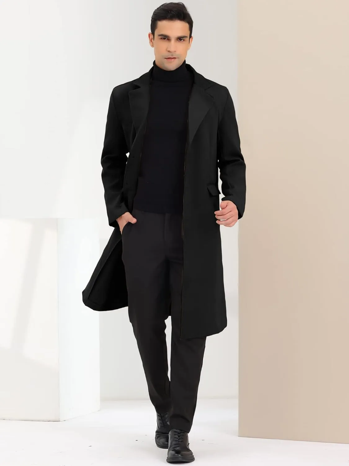 Lars Amadeus Men's Winter Overcoat Single Breasted Notched Lapel Long Trench Coat