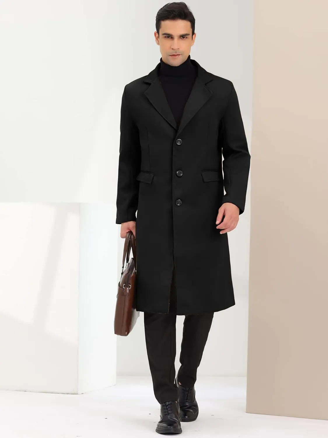 Lars Amadeus Men's Winter Overcoat Single Breasted Notched Lapel Long Trench Coat
