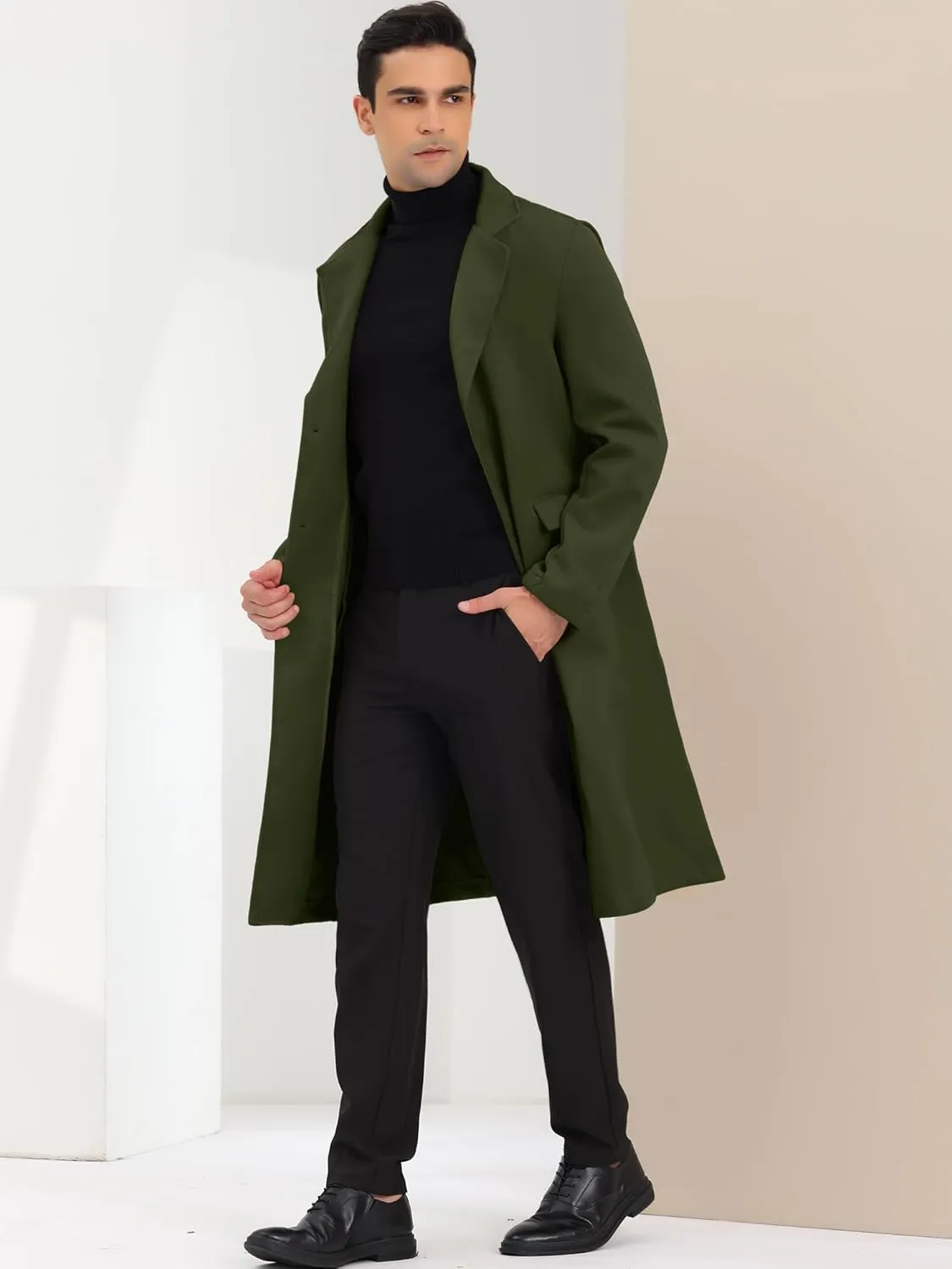 Lars Amadeus Men's Winter Overcoat Single Breasted Notched Lapel Long Trench Coat