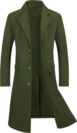 Lars Amadeus Men's Winter Overcoat Single Breasted Notched Lapel Long Trench Coat
