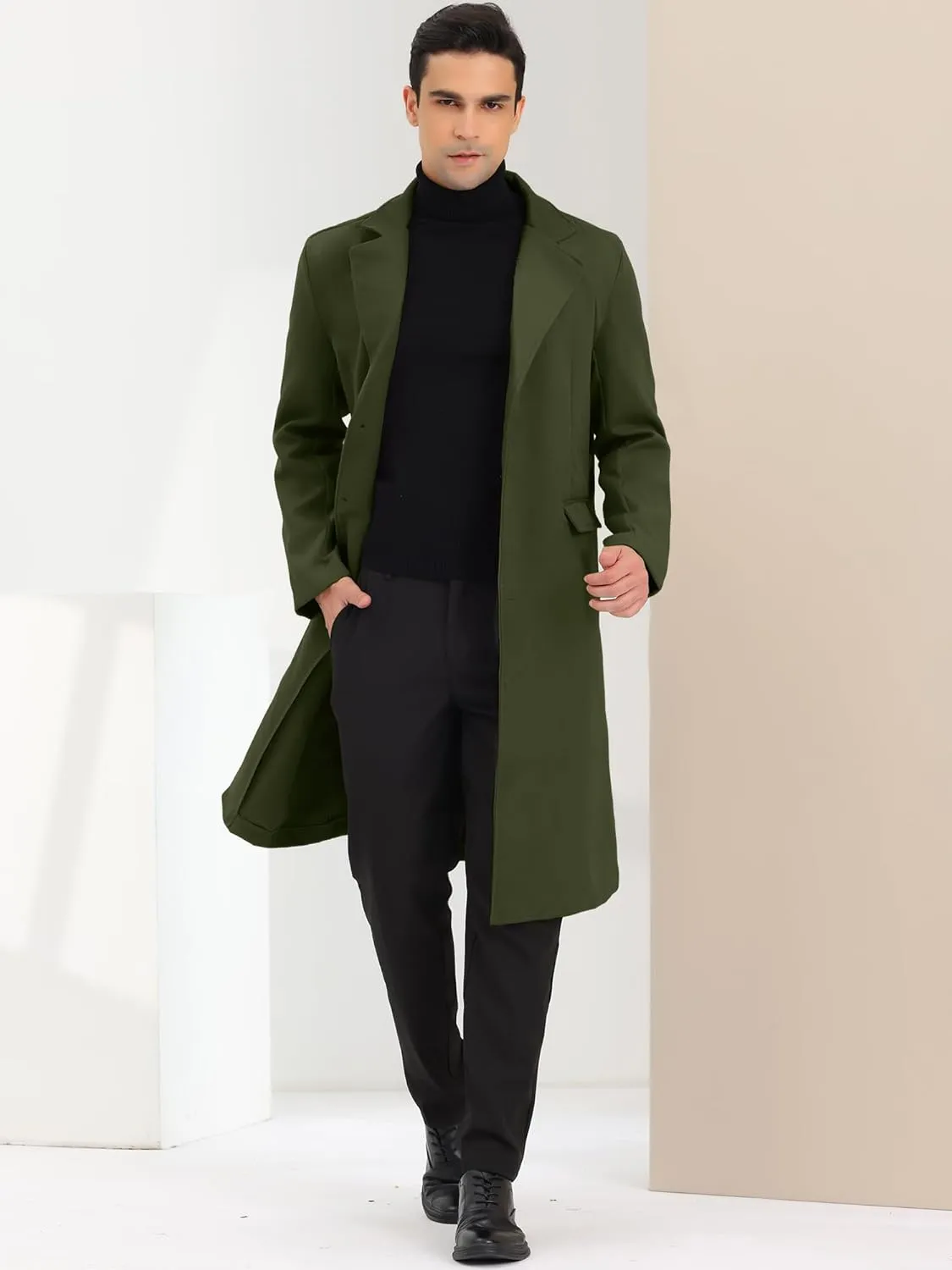 Lars Amadeus Men's Winter Overcoat Single Breasted Notched Lapel Long Trench Coat