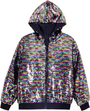 Lars Amadeus Sequins Jacket for Men's Long Sleeves Zip Up Flip-Sequin Sparkle Metallic Hoodie Jackets