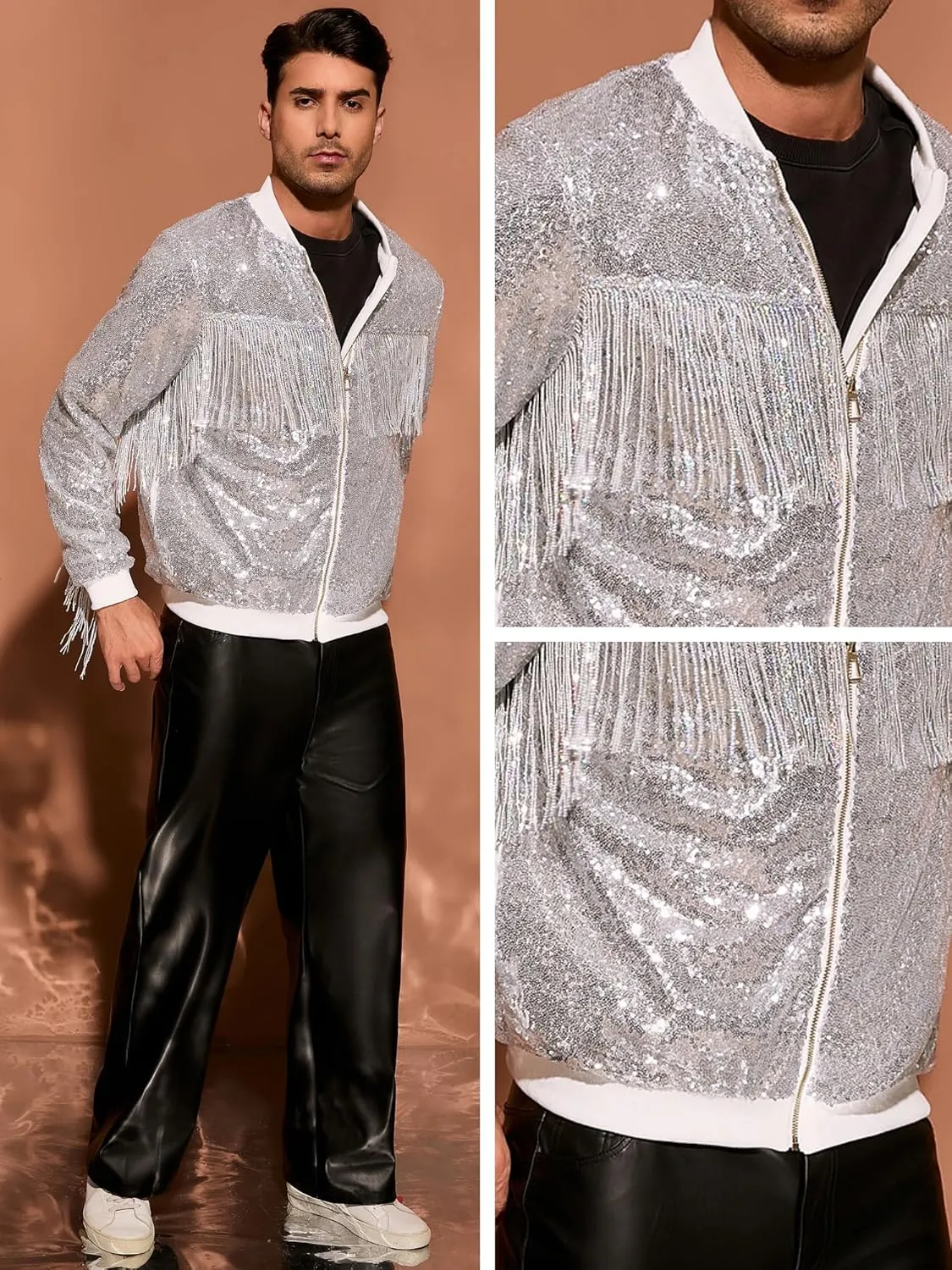 Lars Amadeus Shiny Tassel Jacket for Men's Zipper 70s Disco Sparkly Sequins Baseball Bomber Jackets