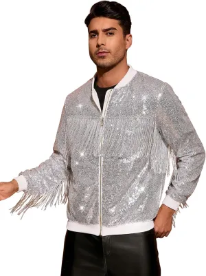 Lars Amadeus Shiny Tassel Jacket for Men's Zipper 70s Disco Sparkly Sequins Baseball Bomber Jackets