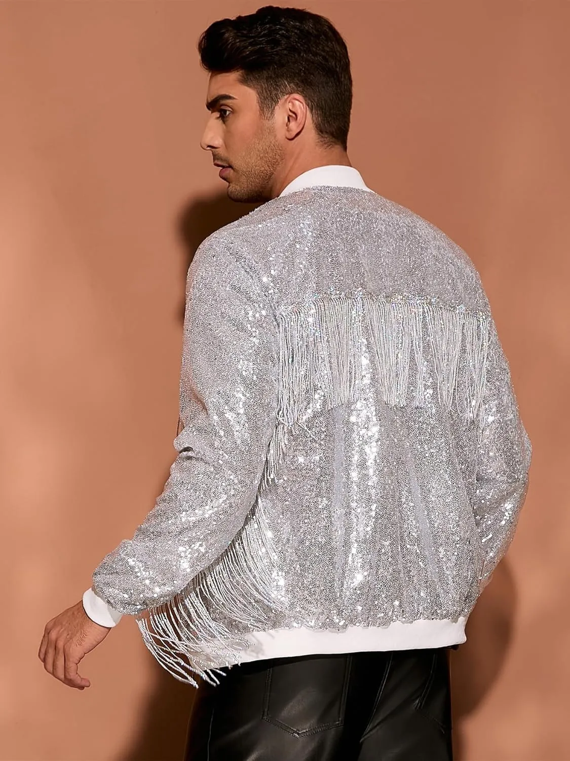 Lars Amadeus Shiny Tassel Jacket for Men's Zipper 70s Disco Sparkly Sequins Baseball Bomber Jackets