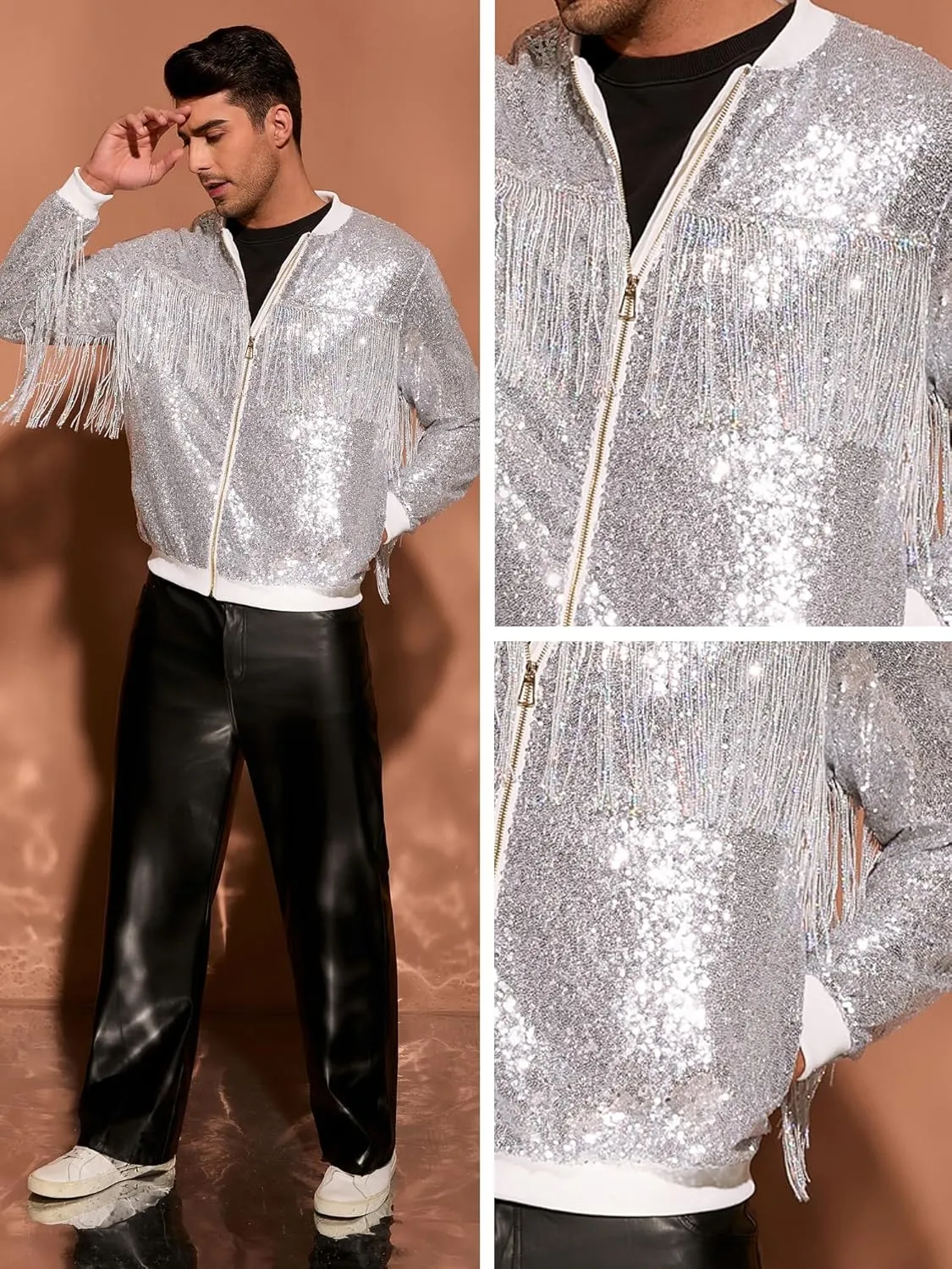 Lars Amadeus Shiny Tassel Jacket for Men's Zipper 70s Disco Sparkly Sequins Baseball Bomber Jackets