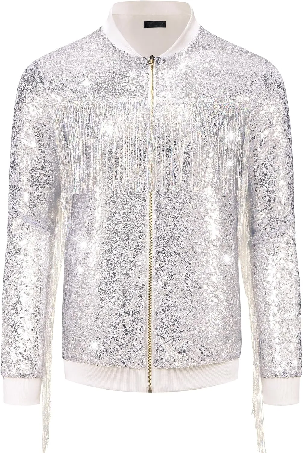 Lars Amadeus Shiny Tassel Jacket for Men's Zipper 70s Disco Sparkly Sequins Baseball Bomber Jackets