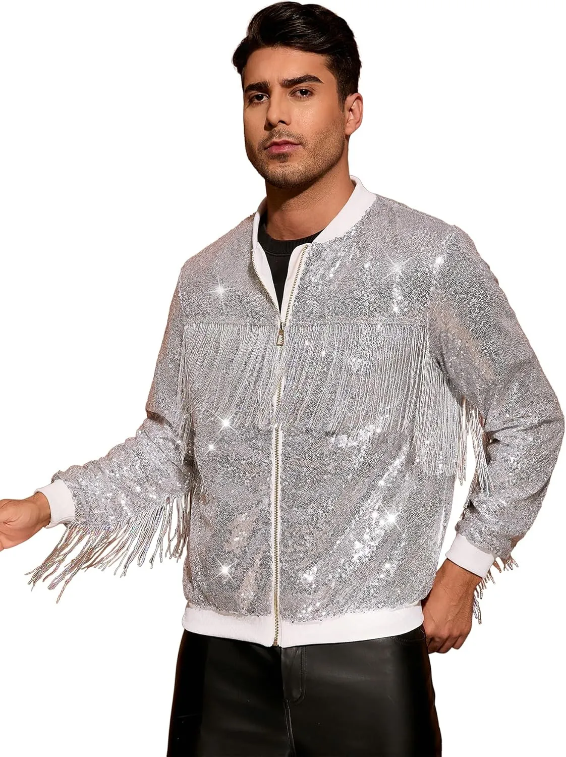 Lars Amadeus Shiny Tassel Jacket for Men's Zipper 70s Disco Sparkly Sequins Baseball Bomber Jackets