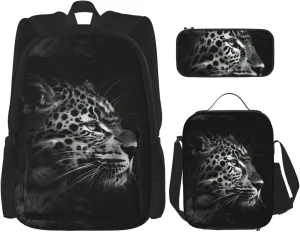 Leopard Print Unisex Stylish Travel Backpack Set With Insulated Lunch Bag,Adjustable Straps