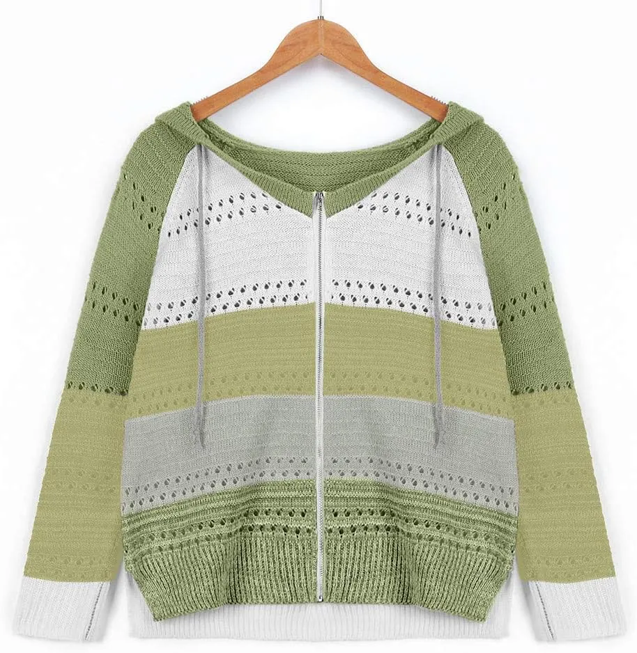LFEOOST Women Long Sleeve Zip Up Hoodies Color Block Striped Casual V Neck Knit Pullover Sweater Loose Lightweight Sweatshirt