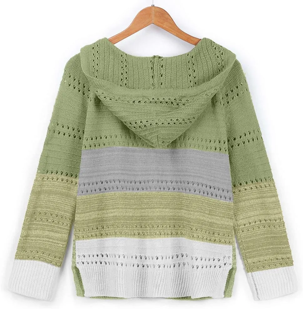 LFEOOST Women Long Sleeve Zip Up Hoodies Color Block Striped Casual V Neck Knit Pullover Sweater Loose Lightweight Sweatshirt