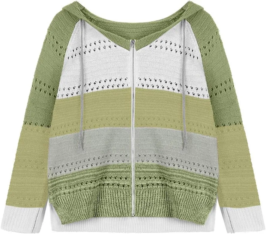 LFEOOST Women Long Sleeve Zip Up Hoodies Color Block Striped Casual V Neck Knit Pullover Sweater Loose Lightweight Sweatshirt