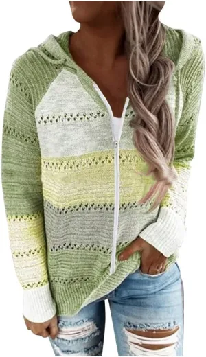 LFEOOST Women Long Sleeve Zip Up Hoodies Color Block Striped Casual V Neck Knit Pullover Sweater Loose Lightweight Sweatshirt