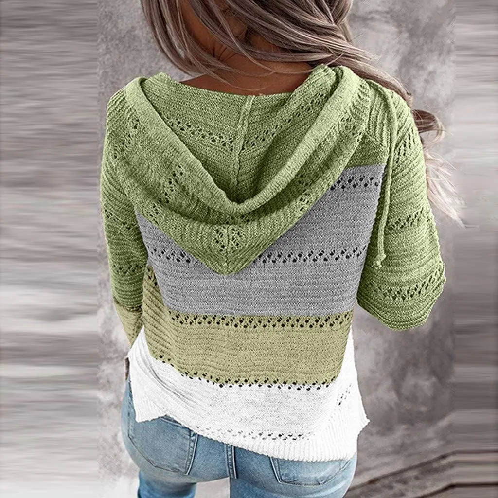 LFEOOST Women Long Sleeve Zip Up Hoodies Color Block Striped Casual V Neck Knit Pullover Sweater Loose Lightweight Sweatshirt