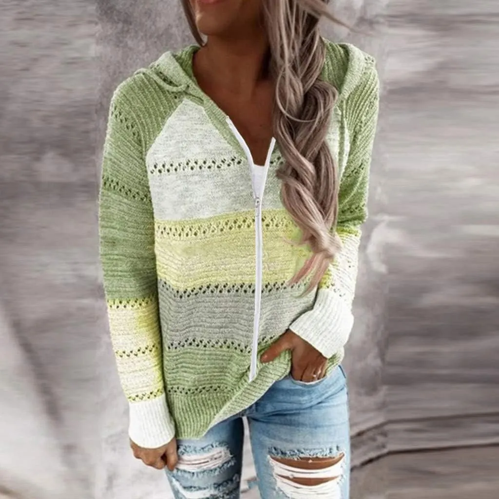 LFEOOST Women Long Sleeve Zip Up Hoodies Color Block Striped Casual V Neck Knit Pullover Sweater Loose Lightweight Sweatshirt