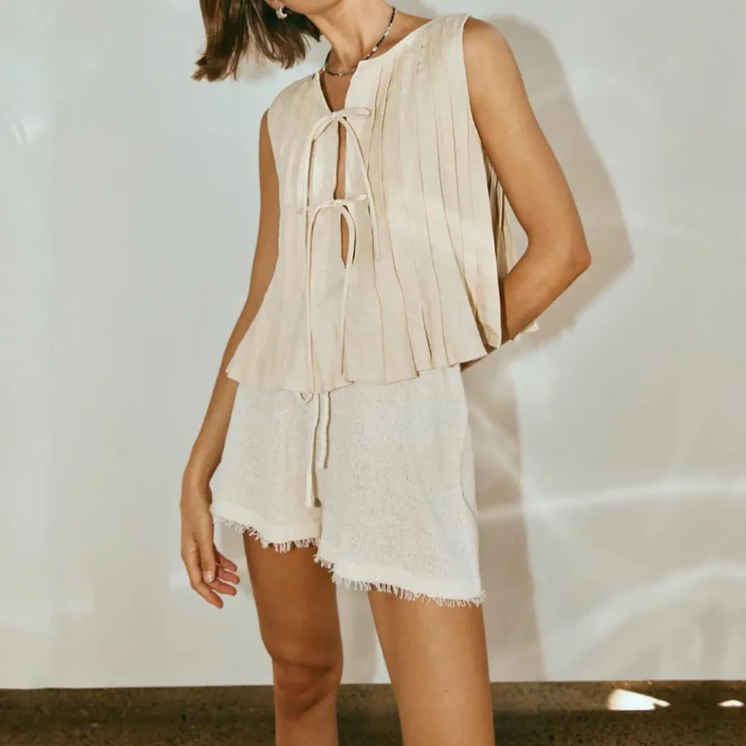 Linen Bow Tie Front Tank Top Women Coquette Pleated Peplum Blouse Y2K Babydoll Ruffle Shirt Sleeveless Tunic Outfits